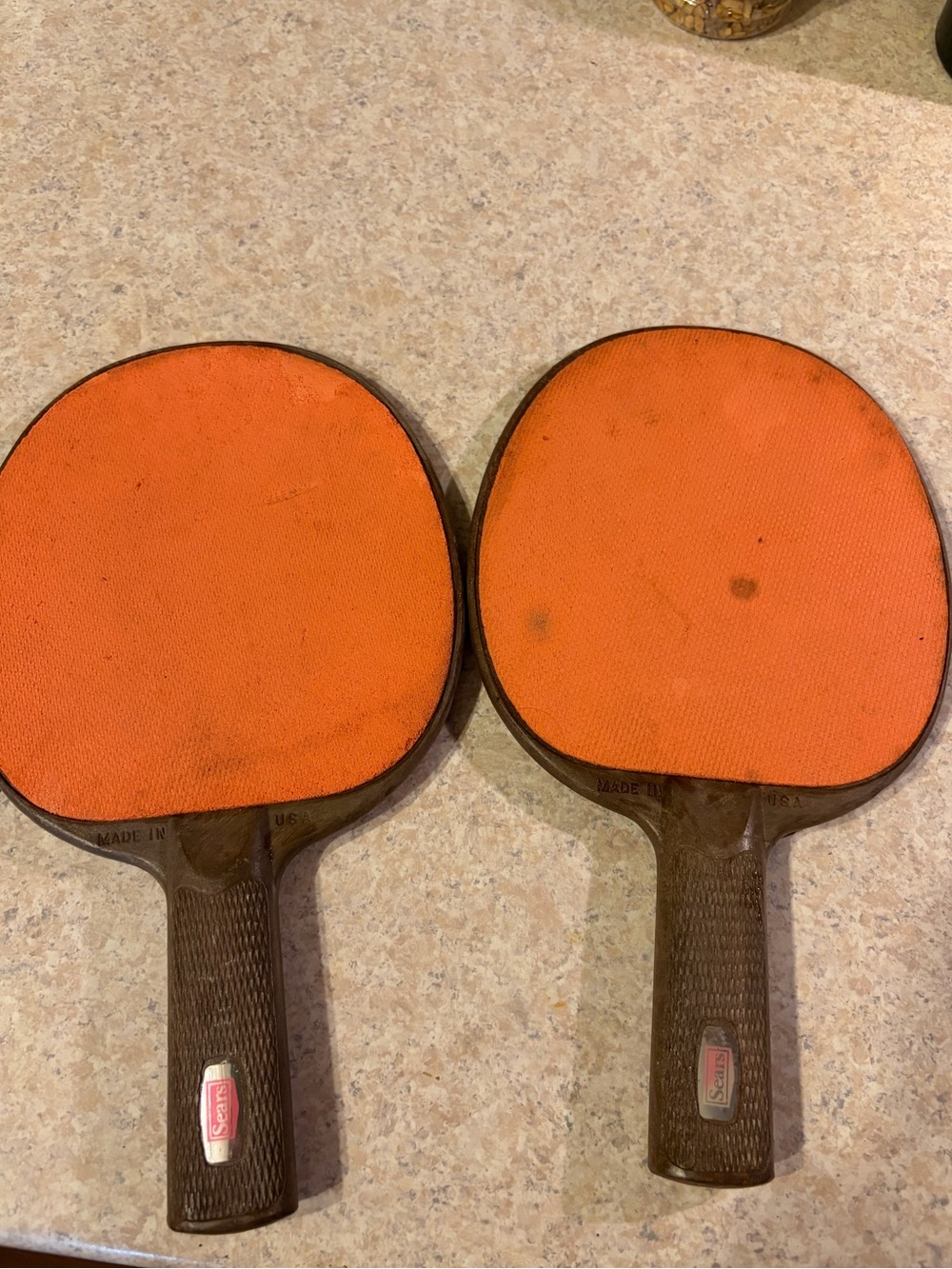 Vintage 1970s Sears Table Tennis Paddles (Pair) – Orange Face, Made in USA
